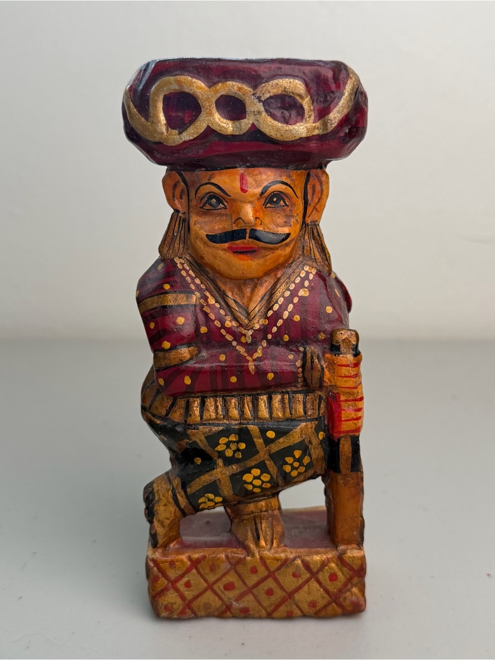 Vintage India Hand Carved Painted Wood Rajasthani Man Figurine Turban Folk Art